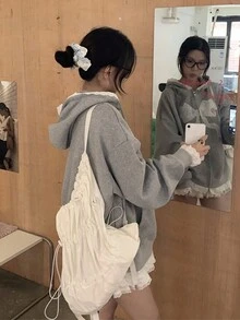 女士休闲蝴蝶结撞色蕾丝连帽拉链运动衫夹克秋冬季长袖上衣 - 灰色 - 查看 2