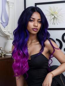 26 英寸长蓝色波浪假发渐变蓝色波浪美人鱼假发蓝绿色卷发合成假发圣诞礼物 - 紫色 - 查看 9