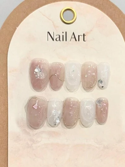 10片短款椭圆形手工按压式美甲贴片，适合派对和日常佩戴，秋冬季美甲，粉色系，易于佩戴