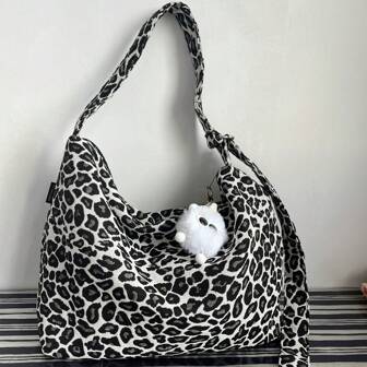 1pc Leopard Print Canvas Shoulder Bag, Large Capacity, Anti-Theft Zipper, Adjustable Strap, Suitable For Women Shopping/Travel, With Accessory Pendant, Cheetah Print Bag For Women Leopard Comeback