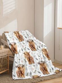 1pc Cartoon Floral & Highland Cow Pattern Flannel Blanket, Cozy For Home, Room Decor, Picnic, Travel, Soft Throw Gift For Family And Friends