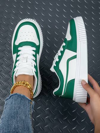 Women's White & Green Lace Up Casual Sports Shoes, Women's School Style Party Park Street Fashion Versatile Casual Soft Increase Height Lightweight Comfortable Breathable Deodorizing Non-Slip Wear-Resistant Skateboarding Shoes, Women's Outdoor Park Walking Jogging Sneakers, Suitable For All Seasons