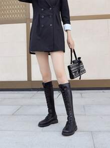 2025秋冬新款棕色女士过膝靴平底系带修身加大码43高筒马靴 - 黑色 - 查看 10