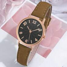 1pc Women's Elegant Minimalist Floral Pattern Face Leather Quartz Wrist Watch, Casual Wear