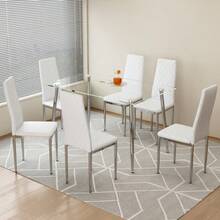 Table And Chair Set.Rectangular Dining Table With Tempered Glass Tabletop And Silver Plating Metal Legs.Paired With 6 Checkered Armless High Back White Chairs With Electroplated Metal Legs. - 白色+玻璃+金屬+6座如圖 - 查看 3