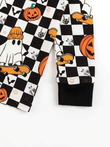 Halloween Black Plaid Ghost & Pumpkin Print Long Sleeve Outfit For Young Girl, Boys & Girls - Multicolor - View 2