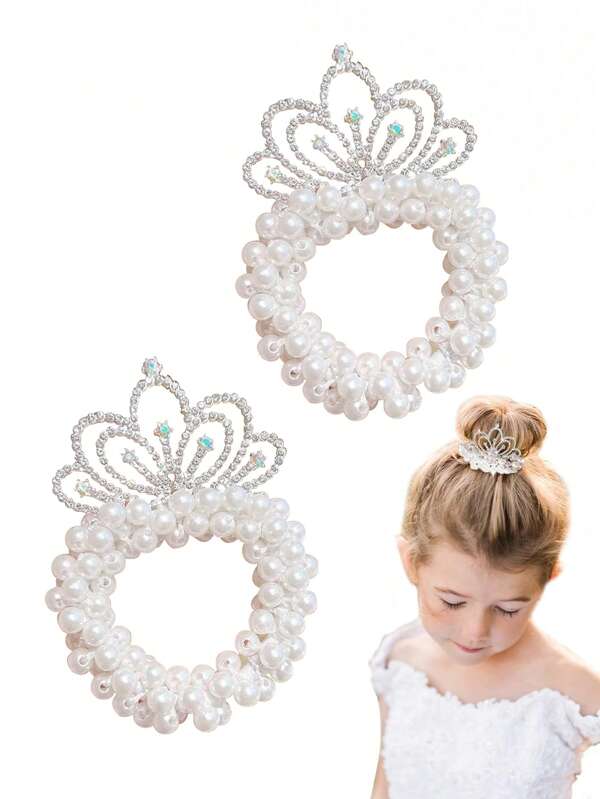 2Pcs Girls Toddler Hair Ties, Pearl Beads Hair Scrunchies With Crown, Hair Ties Band Elastic Hari Bands Ponytail Holders Hair Accessories For Princess Crystal Shiny Tiaras Headbands