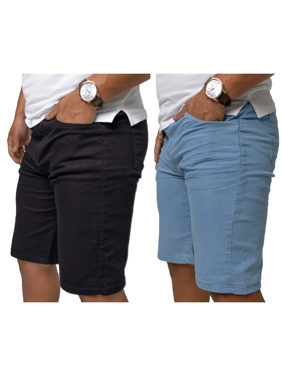 KIT 2 Men's Plain Black And Light Blue Bermuda Jeans With Elasticity - Multicolore - Voir 1