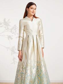 Elegant Collar Jacquard Design Formal Dress For Women,Wedding Event Dress, Long Sleeve Evening Dress, For Wedding Guest, Graduation, Dinner