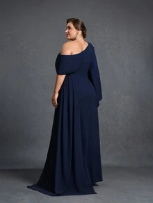 Faeriesty Mosy Plus-Size Evening Gown With Asymmetric Neckline, Statement Bell Sleeve & Cascading Side Silhouette - Elegant Mother-Of-The-Bride Dresses, Gala Dinner Attire, Formal Evening Wear, Red Carpet-Ready Designs, Black-Tie Event Outfits - Navy Blue - View 3