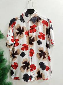 Floral Hawaiian Beach Shirt Summer Men's Short Sleeve Button Down 100% Viscose Fabric Shrinks A Little - 紅色 - 查看 1