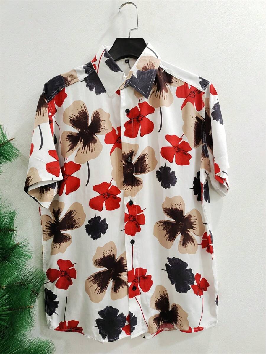 Floral Hawaiian Beach Shirt Summer Men's Short Sleeve Button Down 100% Viscose Fabric Shrinks A Little - 紅色 - 查看 1