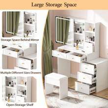 Dressing Table With Mirror And Stool, Modern Vanity Makeup Desk With Sliding Lights Mirror, 6 Drawers And Open Shelves For Bedroom - White - View 6