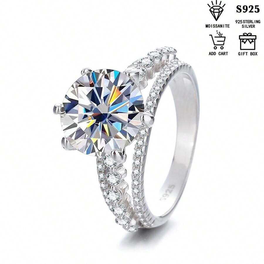 1 件穆斯林银 S925 5ct 莫桑石戒指，欧美时尚超大嘻哈水钻戒指，女士日常佩戴生日圣诞礼物 - 5ct - 查看 1