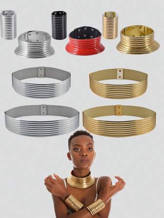 1 件复古个性皮革项圈超大项链女士非洲珠宝可调节颈链腰带金色和银色皮革长裙腰带女士非洲珠宝