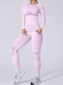 女士圆领速干保暖滑雪服打底套装 - 紫色 - 查看 8