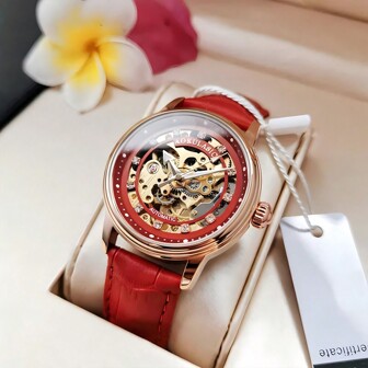 FENSIR 1 pieza Reloj mecánico automático genuino de mujer con diseño hueco y diamantes de imitación, reloj de pulsera de cuero minimalista y luminoso, resistente al agua, adecuado para decoración diaria