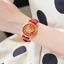 FENSIR 1件女士真钻镂空自动机械表，时尚简约夜光防水皮表带手表，适合日常装饰