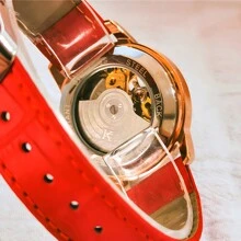 FENSIR 1件女士真钻镂空自动机械表，时尚简约夜光防水皮表带手表，适合日常装饰