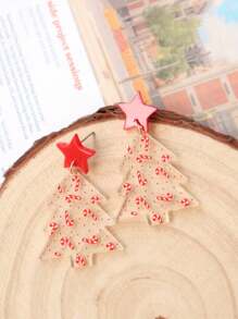 1 Pair Christmas Acrylic Transparent Christmas Tree Earrings, 3D Printed Christmas Candy Cane Red Polka Dot Cute Funny Earrings, Star Dangle Earrings - Cane Christmas Tree - View 3