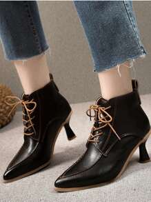 女士尖头高跟系带时尚踝靴 - 黑色 - 查看 1