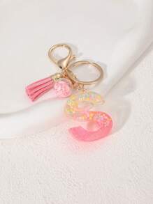 1pc Creative Letter Stone Resin Keychain With Tassel & Butterfly, Letter Pendant Keyring For Girls - Pink - View 35