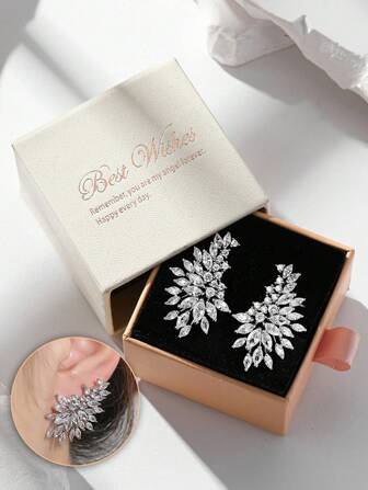 Juego de caja de regalo Set de pendientes de cristal con alas heladas completamente pavimentadas, elegantes y de lujo para mujeres, joyería de moda, adecuada para bodas, compromisos, fiestas, regalos festivos
