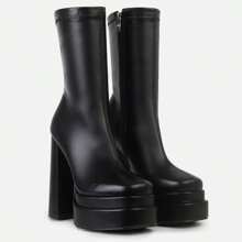 Platform Boots For Women Chunky Heels Goth Punk Boots Fashoin Square Toe Motorcycle Ankle Short Boots - 黑色 - 查看 2
