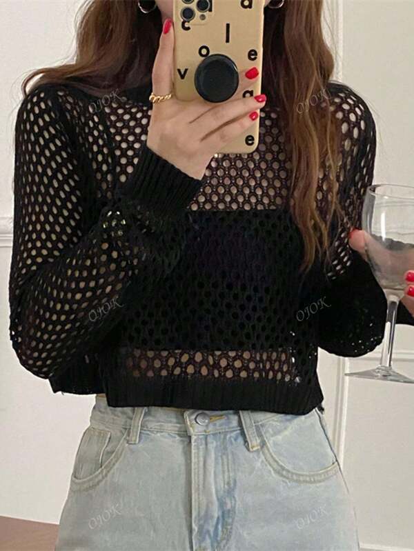 Gal Fashion Solid Color Round Neck Loose Hollow Out Cropped Casual Knitted Sweater For Women, Spring/Summer