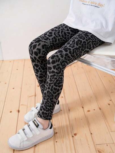 Girls' Leopard Print Leggings, Children's Snug Fit Capri Pants, Personalized Mid-Calf Trousers, Slim Fit Soft & Versatile, Suitable For All Seasons
