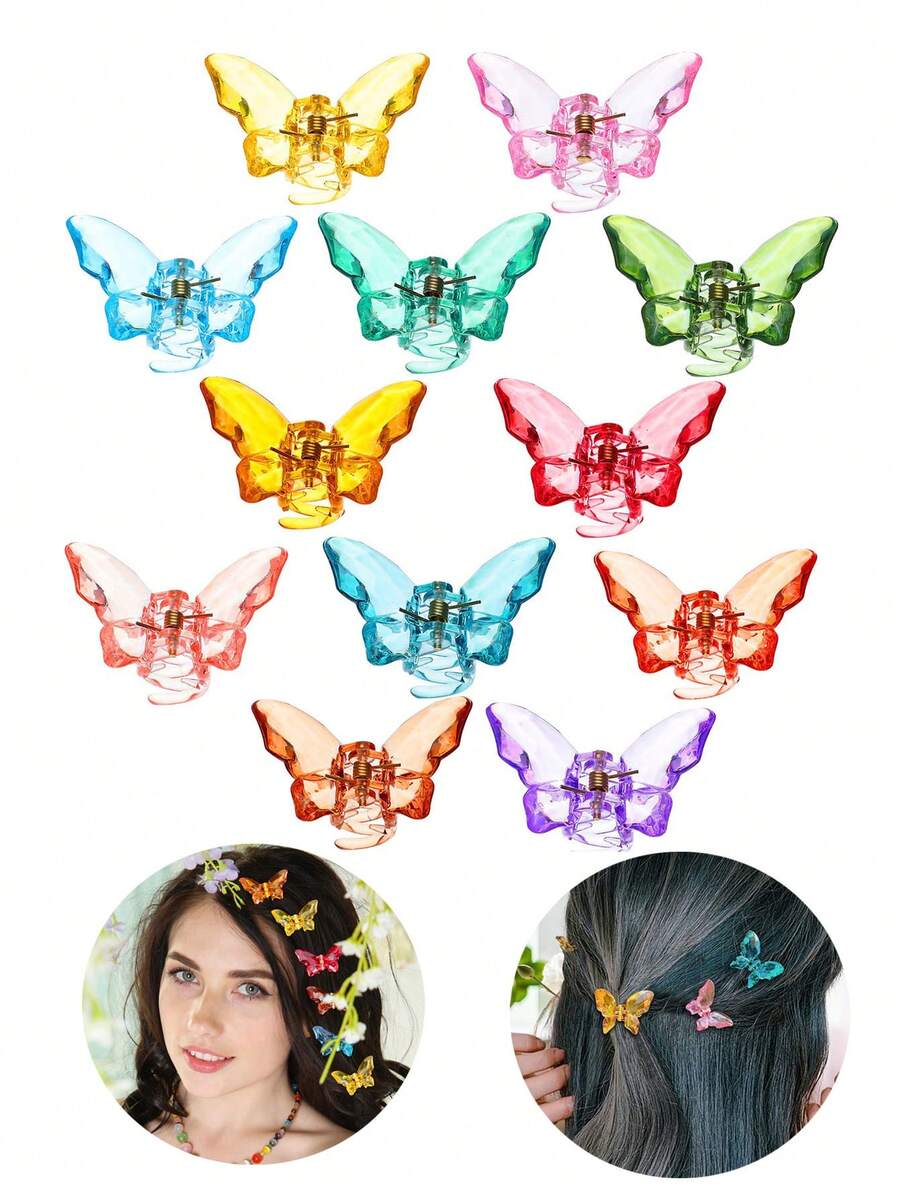 5/10 件迷你彩色透明蝴蝶形塑料发夹，漂亮的蝴蝶发爪发饰，适合女孩和女士，时尚百搭的发饰，适合日常使用、外出、发型设计、化妆、搭配街头服装 - 彩色 - 查看 1