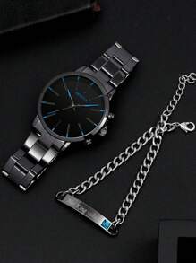 2件套时尚商务男士圆形黑色钢带石英表，搭配锆石钻石手链组合礼盒，适合节日、派对、商务及日常佩戴。 - 黑色 - 查看 4