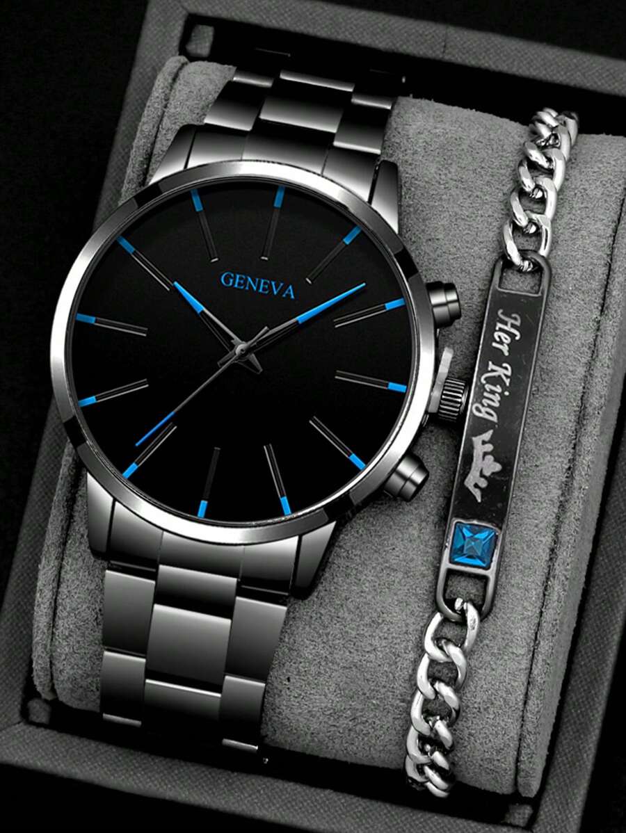 2件套时尚商务男士圆形黑色钢带石英表，搭配锆石钻石手链组合礼盒，适合节日、派对、商务及日常佩戴。 - 黑色 - 查看 1