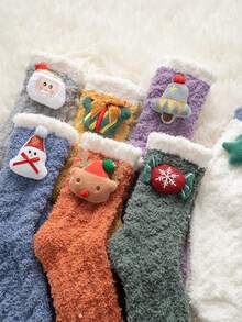 1 Đôi tất cổ cao in họa tiết Giáng sinh cho nữ, họa tiết tuần lộc hoạt hình và ông già Noel, tất lông dễ thương, tất đi sàn ấm áp cho mùa thu và đông, tất cho nữ mặc hàng ngày - Nhiều màu - Xem 6