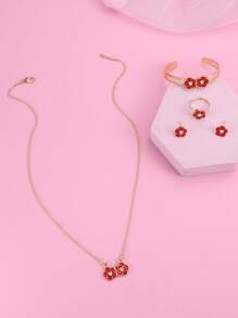 5 Stücke/Set Mädchen Blumen Halskette, Ohrringe, Armband, Ring Schmuckset - Blumen - Übersicht 10
