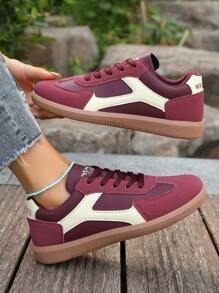 Giày thể thao đế bằng màu đỏ mũi tròn cho nữ, giày thể thao đế bằng buộc dây, phong cách cổ điển, giày thường ngày thể thao - Màu Đỏ Sâu - Xem 3