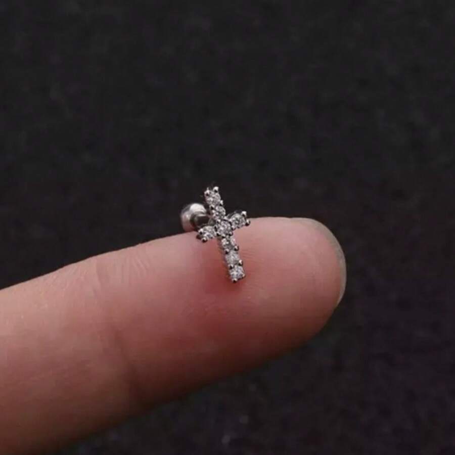 1 Targus Piercing / Cartilage Piercing With Zirconia - Cruz com strass Prata - 查看 1