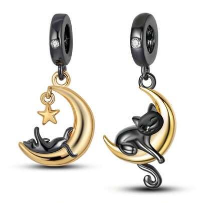 1 Pç Cor Prata Lindo Preto Dourado Estrela Lua Gato de Estimação Boa Noite Pingente Charme Adequado Para Pulseira Original Pulseira Colar Contas Para Fazer Jóias DIY Jóias Femininas Presente de Aniversário Para Menina
