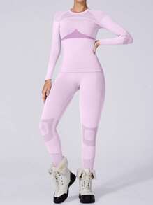 女士圆领速干保暖滑雪服打底套装 - 紫色 - 查看 3