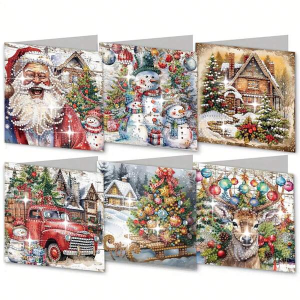 6pcs/Set Diamond Painting Christmas Greeting Card Kit - Holiday Patterns With Heartfelt Wishes, Unique DIY Handcraft Set For Personalized Christmas Celebration