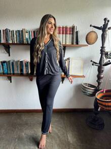 American Blogger Pajamas Long Buttons Breastfeeding Postpartum - màu đen - Xem 1