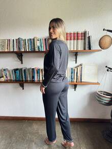 American Blogger Pajamas Long Buttons Breastfeeding Postpartum - màu đen - Xem 2