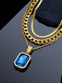 3pcs/Set Men's Necklace Set Including Alloy Inlaid Blue/Red/Green Gem Chain, Snake Chain Necklace, Choker Chain, Rapper Jewelry Gift With Card And Gift Box - Jewelry Set - View 25