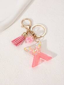 1pc Creative Letter Stone Resin Keychain With Tassel & Butterfly, Letter Pendant Keyring For Girls - Pink - View 24
