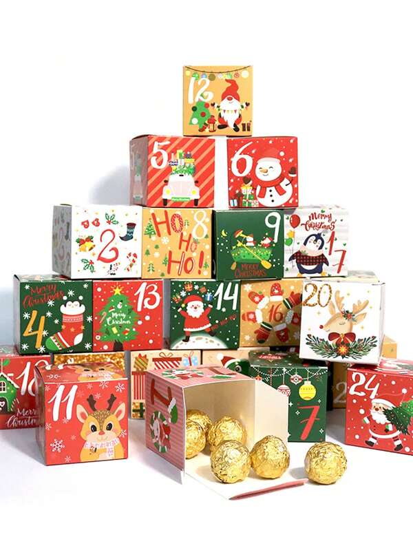 24pcs/Set Vintage Christmas Advent Calendar Gift Boxes, 24 Days Countdown Christmas Gift Packaging Boxes, Cartoon Christmas Theme DIY Cardboard Number Box For Gifting And Family Xmas Party Favors Holiday Gift Decorations, Christmas