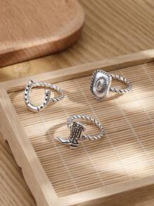 3 件套复古西部牛仔风格金属牛仔帽、靴子、马蹄设计环套装，适合日常佩戴 - 牛仔三件式戒指 - 查看 4