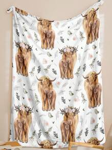 1pc Cartoon Floral & Highland Cow Pattern Flannel Blanket, Cozy For Home, Room Decor, Picnic, Travel, Soft Throw Gift For Family And Friends