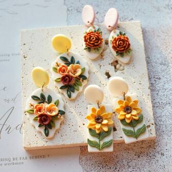 1pair Handmade Lightweight Polymer Clay Earrings With Exquisite 3D Floral Design, Ins-Style, Vintage-Inspired, Unique & Personalized Statement Accessory, Perfect For Autumn Outfits, Thanksgiving Gifts, And Everyday Wear