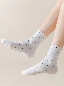 6pairs Ruffle Edge Polka Dot Cute Student White Sport Cuff Socks, Autumn/Winter