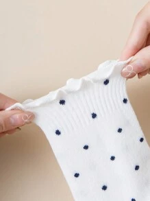 6pairs Ruffle Edge Polka Dot Cute Student White Sport Cuff Socks, Autumn/Winter